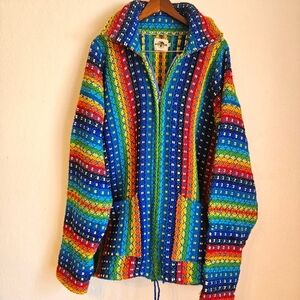 Earth Ragz MultiColor 100% Wool Full Zip Jacket Handmade Chunky Pockets XXXL
